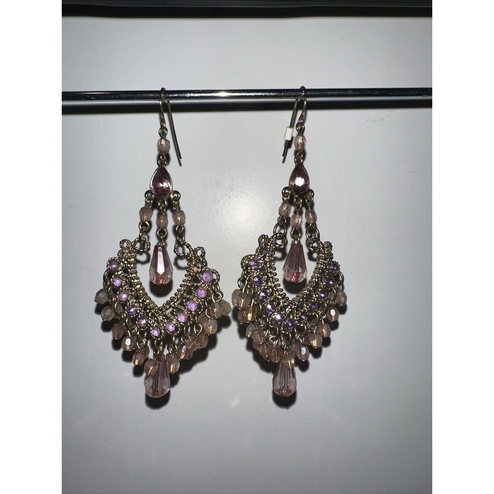 Vintage AB Pink Rhinestone & Crystal Gold Tone Chandelier Earrings